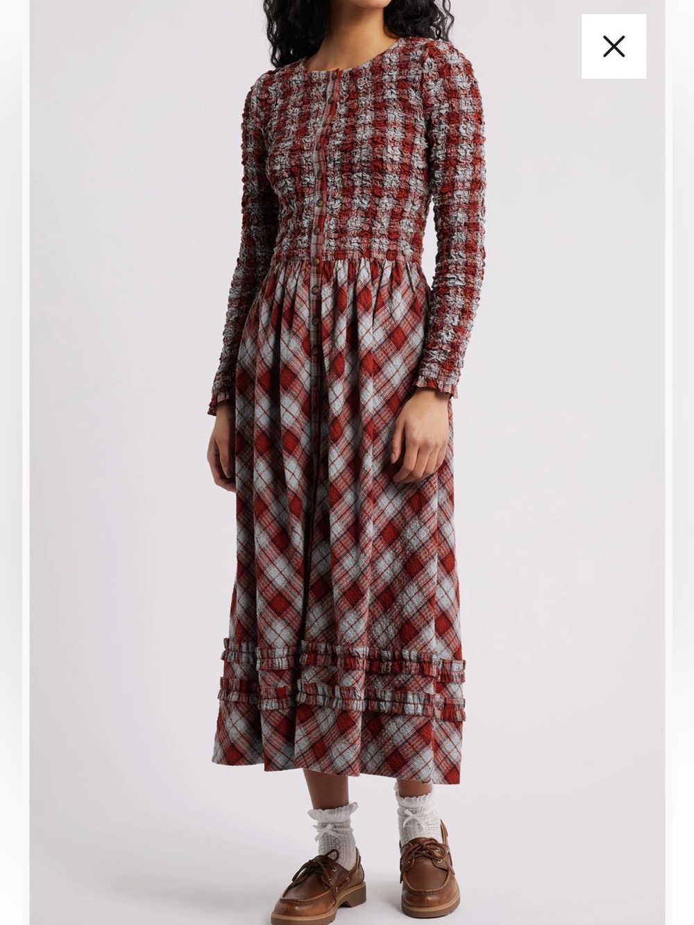 Damson Madder Plaid Maxi Dress with Ruffle Trim